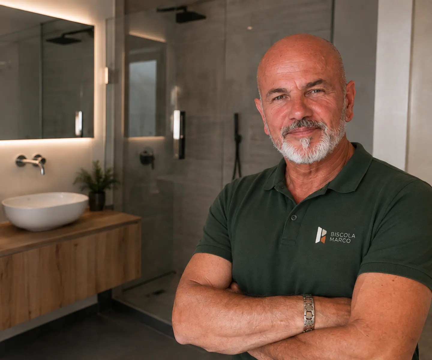 Marco Biscola in un bagno ristrutturato